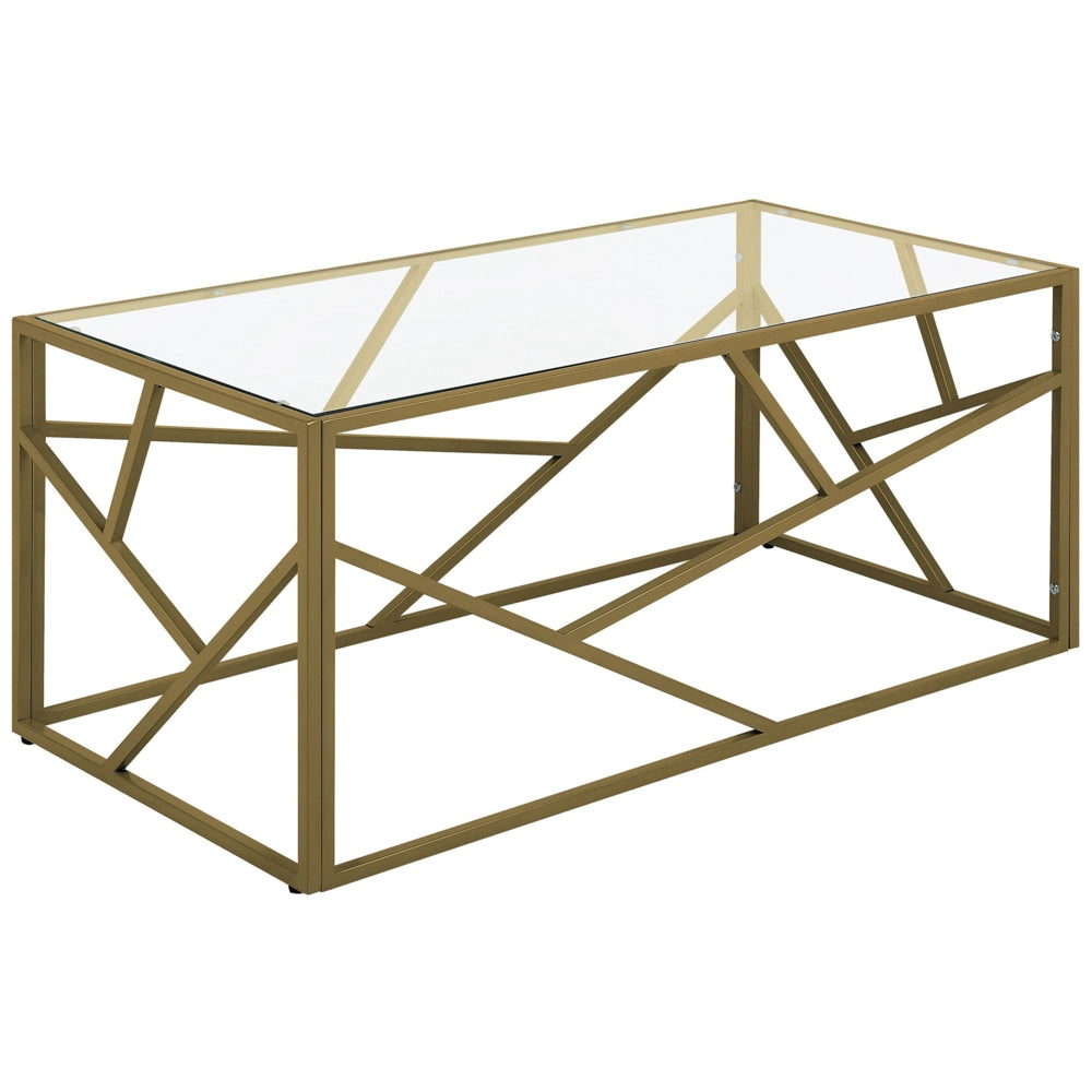 Tavolino da caffè con struttura in metallo dorato piano in vetro design geometrico glam