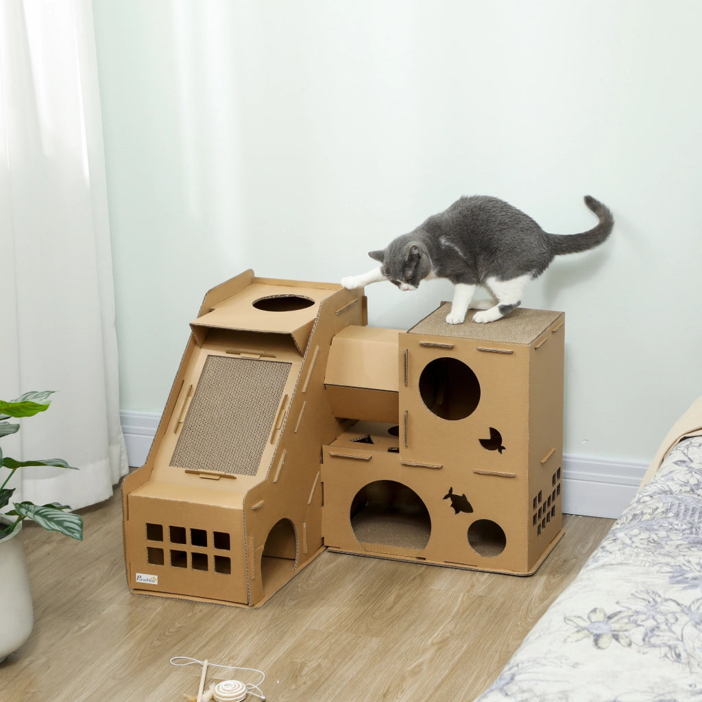 Casetta per Gatti a Forma di Castello con Rampa e Zona Graffi ¨C zephmum ¨C Marrone