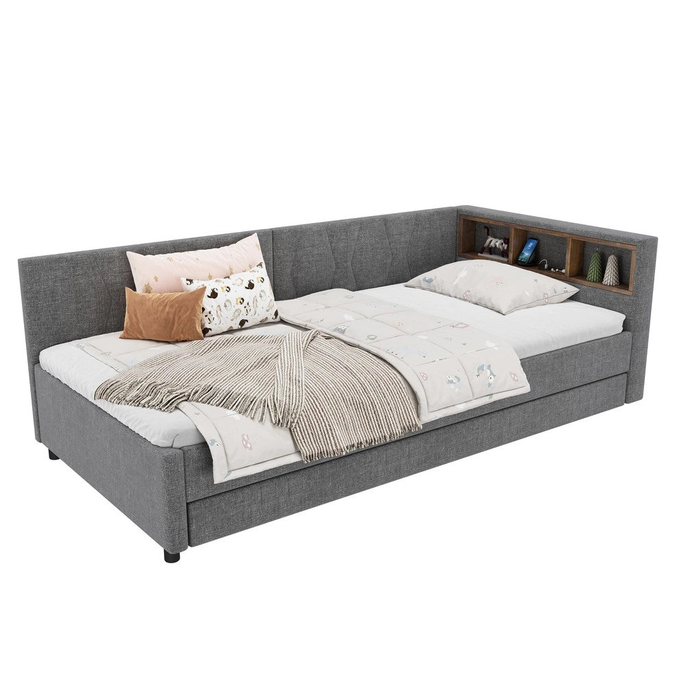Letto Singolo con Rete a Doghe e LED, Estraibile ¨C MINIMAL ¨C Tessuto Grigio 90x200