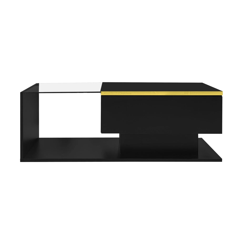 Tavolino da Salotto 90×50×32;5 cm con Piano in Vetro e LED 16 Colori; Nero Lucido; in Pannello truciolare; Nero