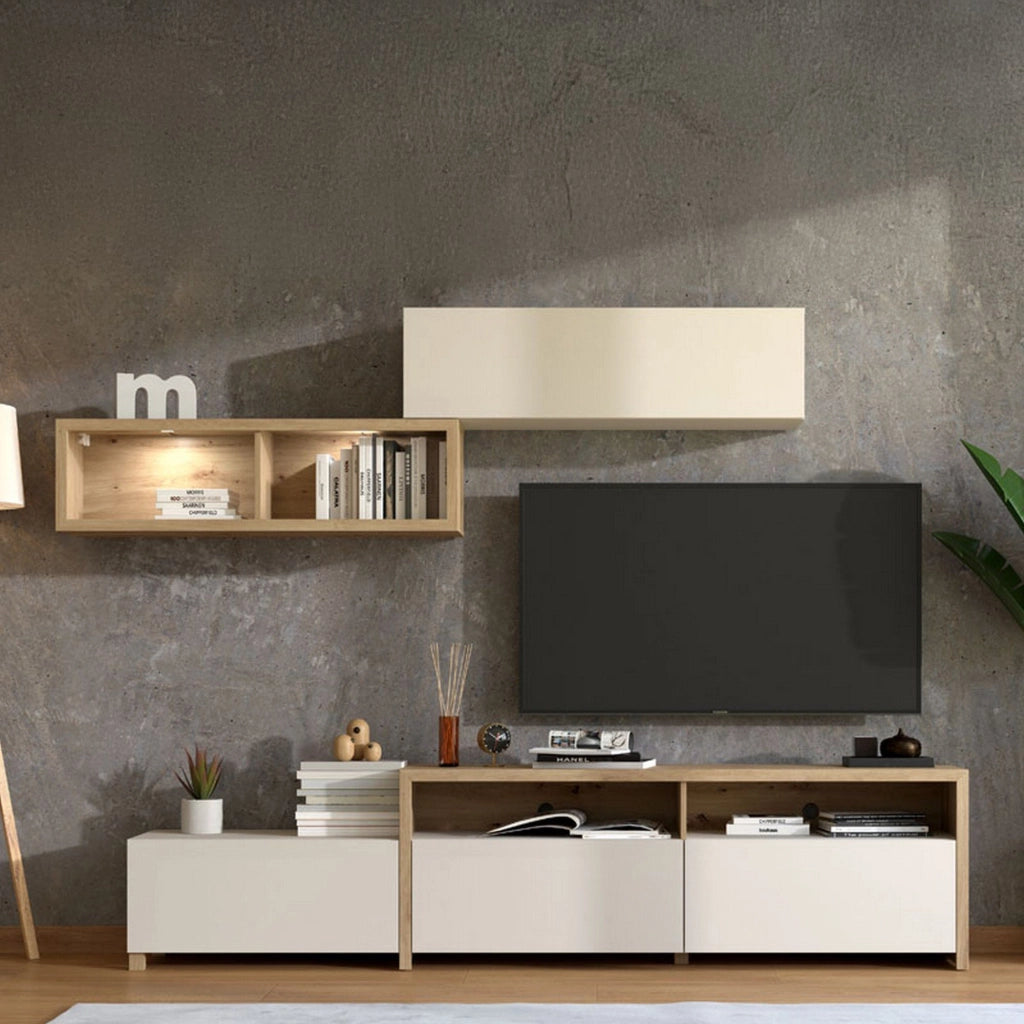 Mobile Soggiorno Tiana, Parete Attrezzata 6 Ripiani, 237.5x41.5x160.5h cm Bianco Crema