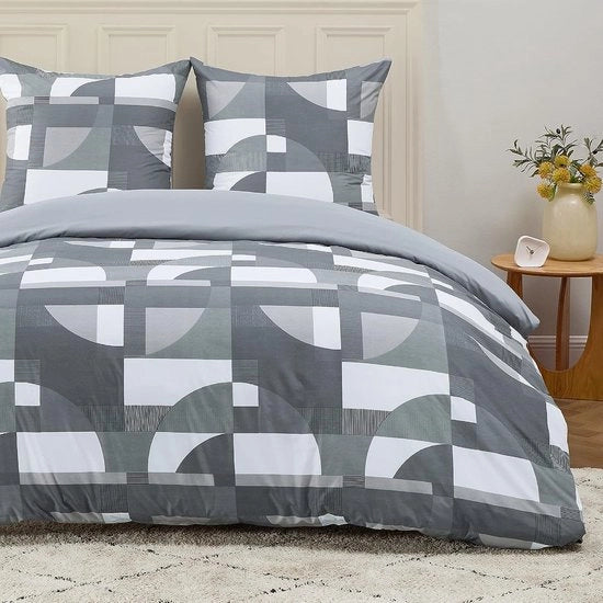 Set di coperte per letto 155 x 220 cm, 3 pezzi, con 2 cuscini 80 x 80 cm, microfibra, tessuto Öko-Tex, grigio, disegno geometrico, chiusura a zip, per letto singolo