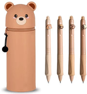 Etui orizzontale Kawaii Bear + 4 penne cancellabili retrattili, etui, etui con cerniera, etui verticale, sacchetto 2-in-1 morbido in silicone, etui, etui con grande capacità