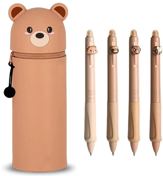 Etui orizzontale Kawaii Bear + 4 penne cancellabili retrattili, etui, etui con cerniera, etui verticale, sacchetto 2-in-1 morbido in silicone, etui, etui con grande capacità