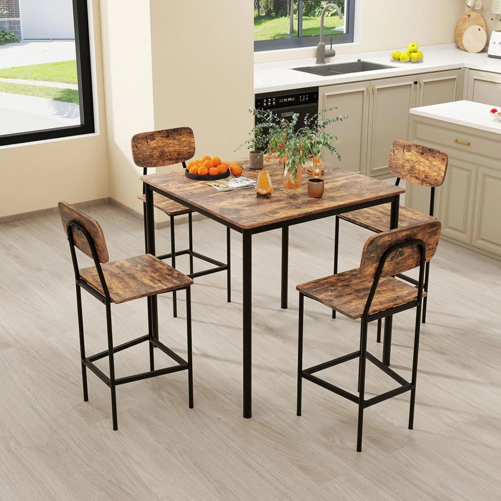 Set Tavoli da Pranzo a 5 Pezzi, Tavolo Alto e 4 Sgabelli da Bar con Poggiapiedi e Schienale, Finiture con Venature di Legno, Gambe di Metallo, Set Mobili Salvaspazio per Bar (Industriale)