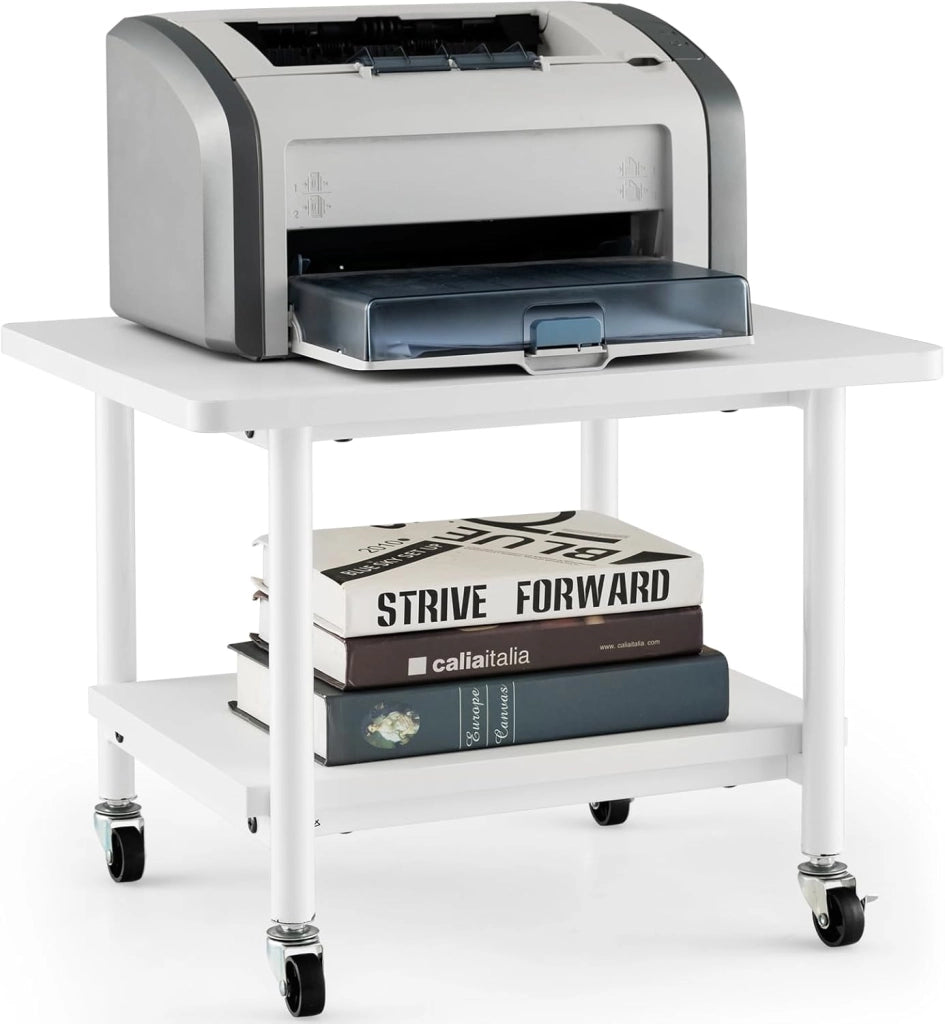 Supporto per Stampante, Carrello Stampante con Ruote Girevoli a 360⁰, Design Rimovibile, Superficie Ampia e Liscia, di Legno e Acciaio, 49 x 40 x 37 cm (Bianco)