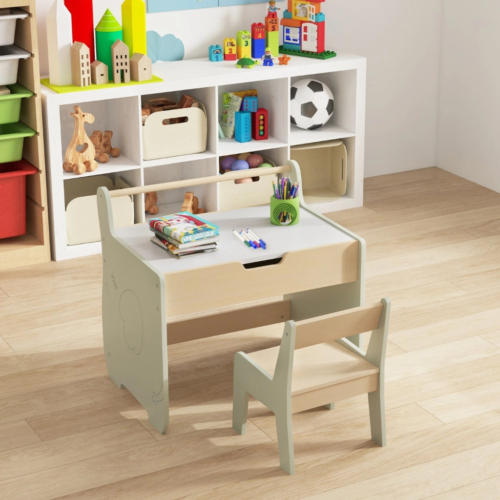 Set tavolo e sedia per bambini con piano rimovibile 2-in-1-Set scrivania in legno con spazio di archiviazione Verde