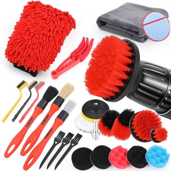Set di pulizia completo per interno ed esterno dell'auto - Kit di pulizia auto con spazzola a setole, spazzola a pelo, griglia di ventilazione e pulitore di pelle - Ideale per dashboard, motore e uso domestico