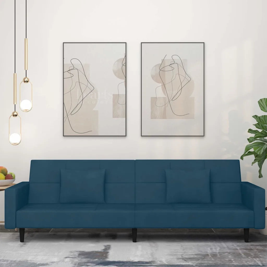 Divano Letto a 2 Posti con 2 Cuscini Blu in Velluto 375815