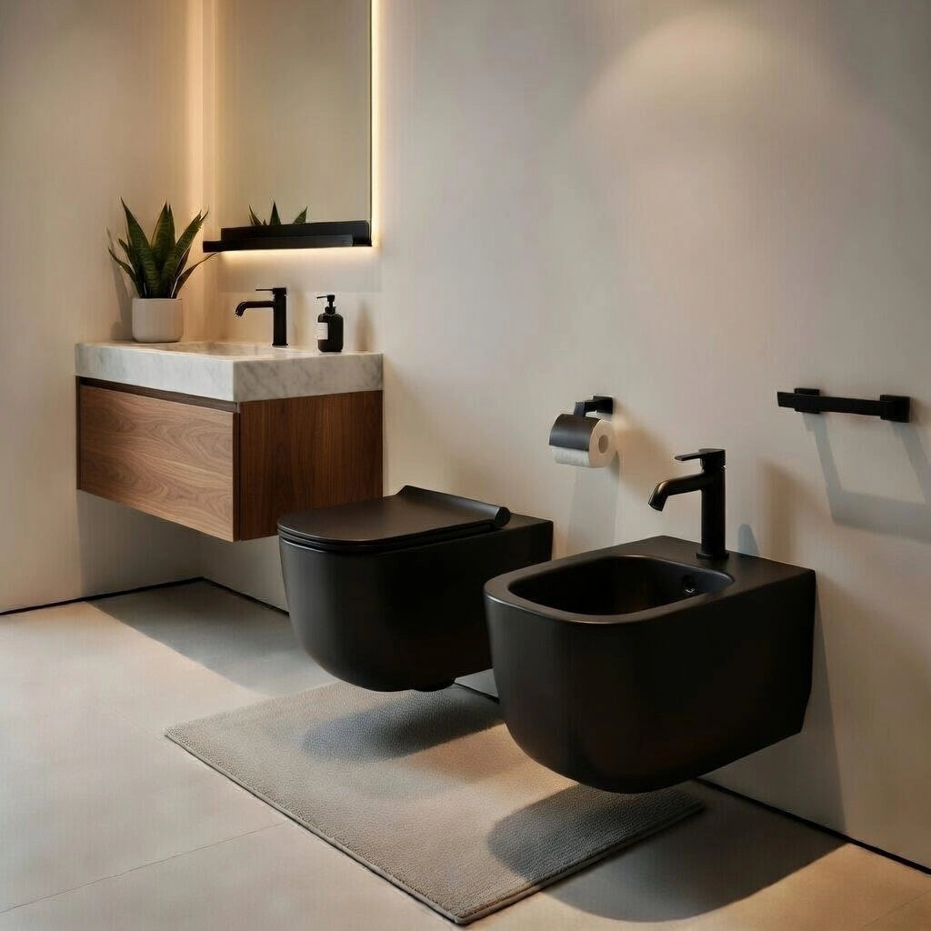 Sanitari sospesi WC e Bidet in Ceramica Copriwater soft-close Ceramiche Dolomite serie ALBA - Nero Opaco