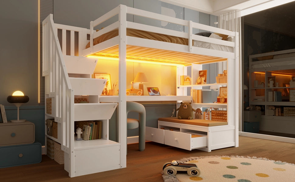 Letto a soppalco 90 × 200 cm con scrivania, ripiani, 2 cassetti, scala contenitore et LED, senza materasso, bianco