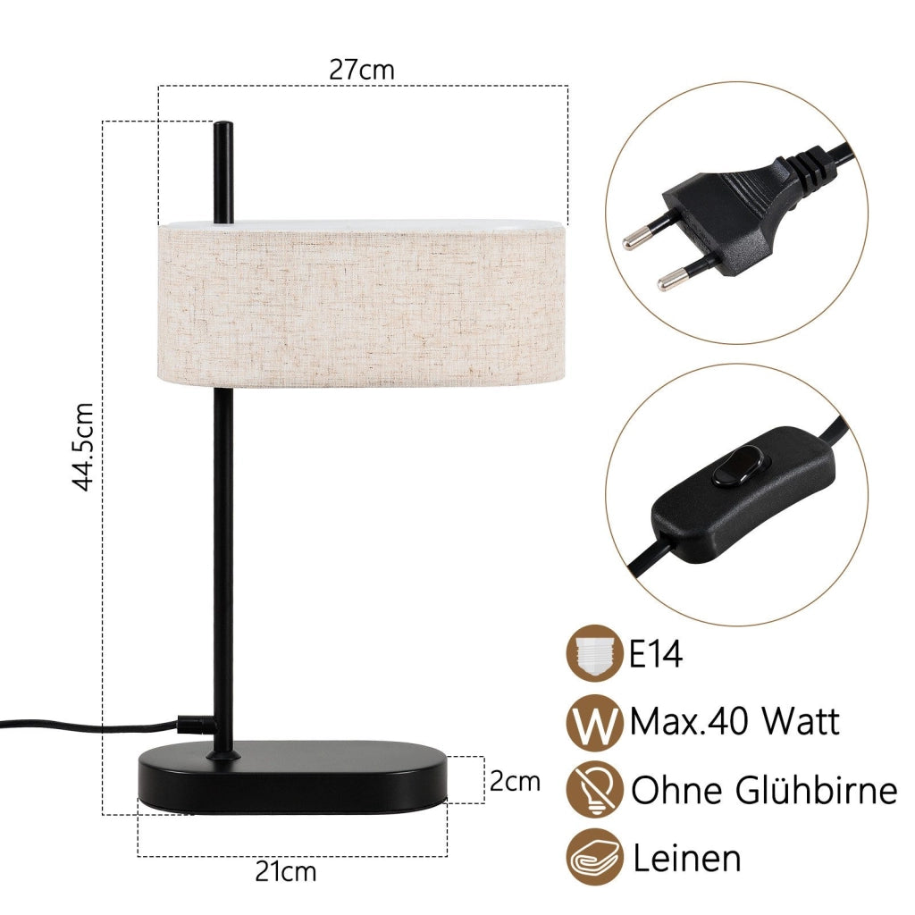 ZMH Lampada da tavolo nera E14 44.5cm paralume lino tessuto per soggiorno comodino