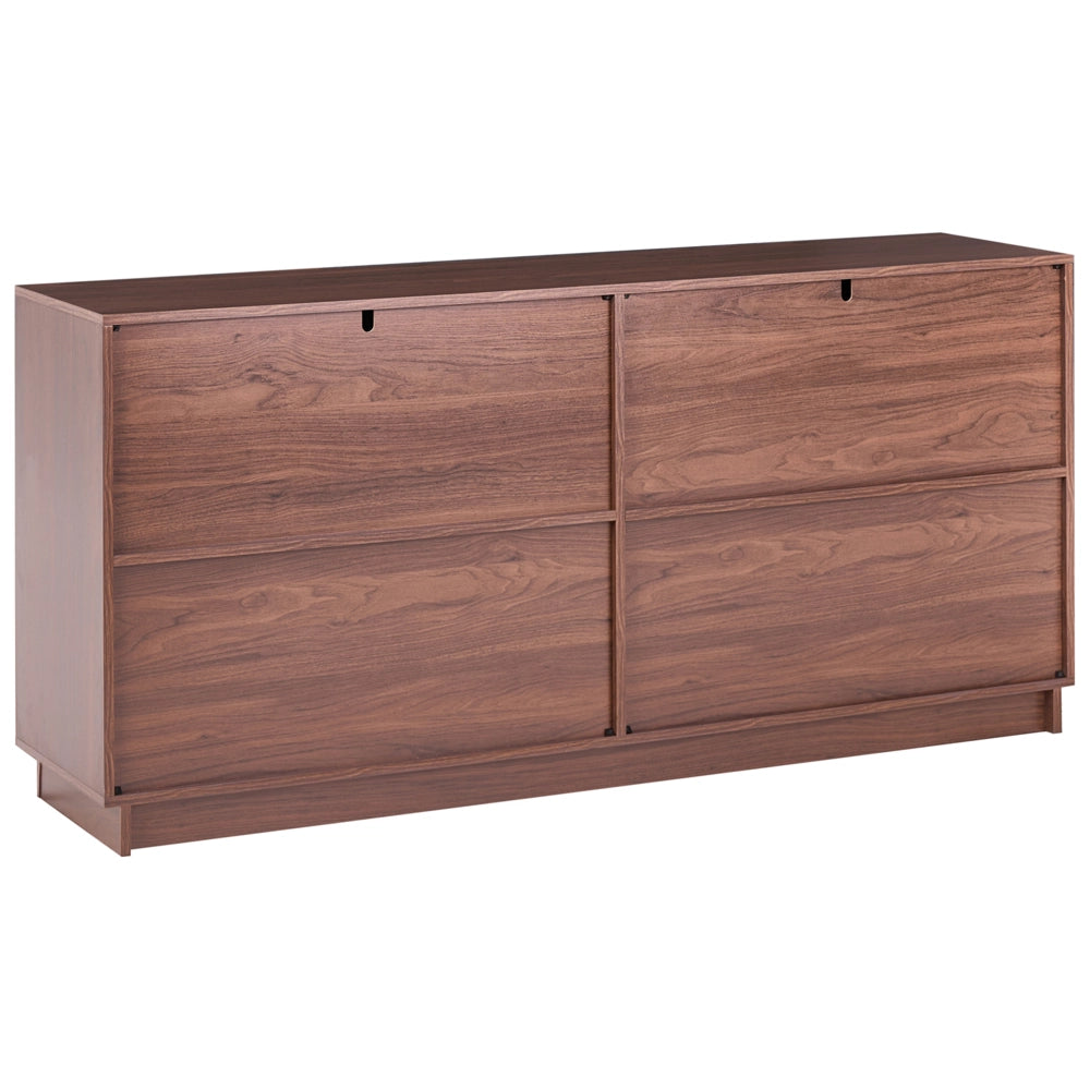 Credenza a 4 ante in MDF, colore marrone scuro, da appoggio, con ripiani e frontale scanalato, mobile contenitore per la casa