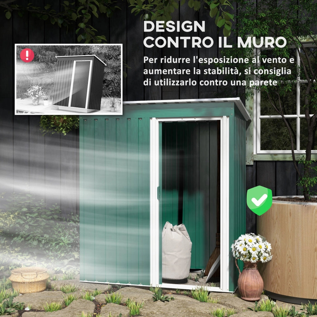 Casetta Porta Attrezzi con Tetto Inclinato e Porta Scorrevole 163x89x182 cm in Acciaio Zincato Verde