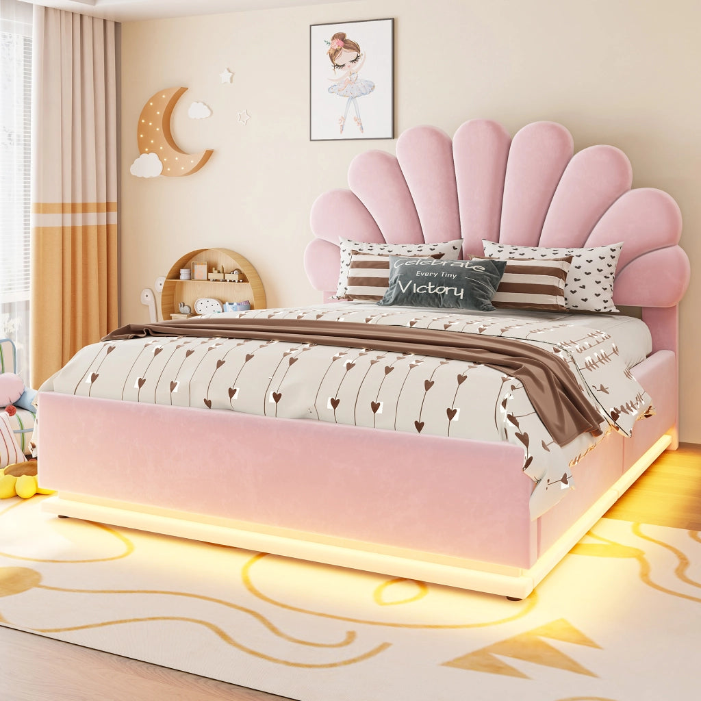 Letto contenitore matrimoniale 140×200 cm con testiera imbottita; LED e rete sollevabile; senza materasso; rosa