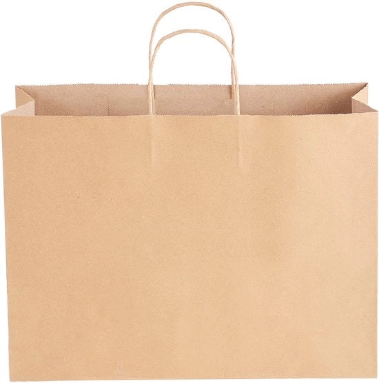 Sacchi di carta, Pacchetto da 100, Borse di regalo con maniglie, 406 x 152 x 308 mm, Borse di carta grandi e riutilizzabili, Borse per spesa, per compleanni, matrimoni, spesa, regali, marrone