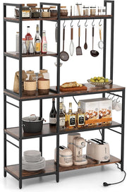 Scaffale da Cucina su 5 Ripiani, Scaffale per Microonde con Multipresa, Mensola da Cucina Struttura in Metallo con 10 Ganci, per Sala Pranzo e Pannettiera, 107 x 37 x 160 cm, Marrone Vintage