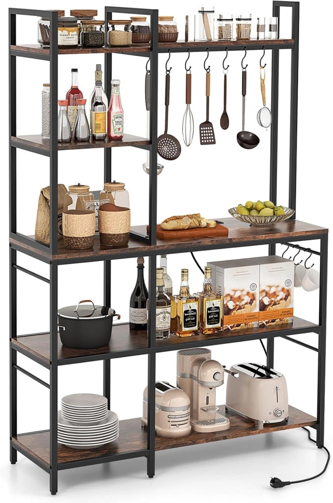 Scaffale da Cucina su 5 Ripiani, Scaffale per Microonde con Multipresa, Mensola da Cucina Struttura in Metallo con 10 Ganci, per Sala Pranzo e Pannettiera, 107 x 37 x 160 cm, Marrone Vintage