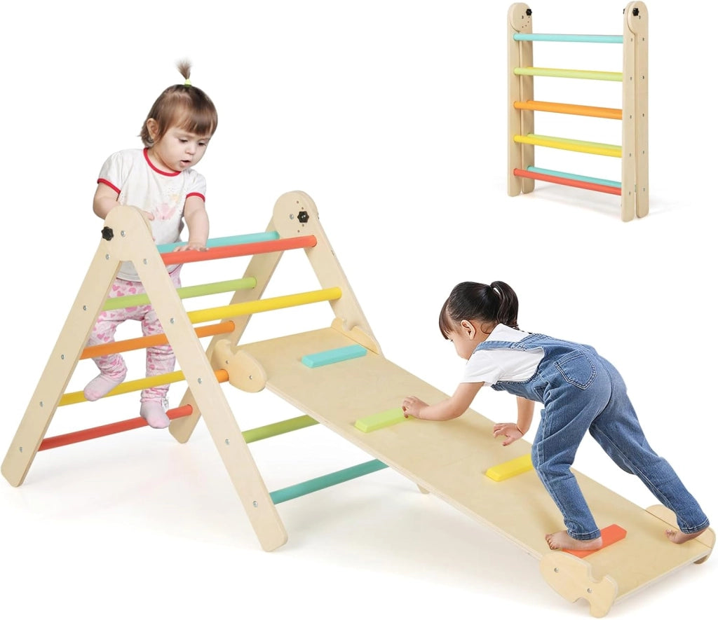 3 in 1 Set da Arrampicata per Bambini, Giocattoli da Arrampicata Triangolari Pieghevoli, Altezza Regolabili, con Scivolo/Rampe da Arrampicata, Carico 60 kg (Colorato)