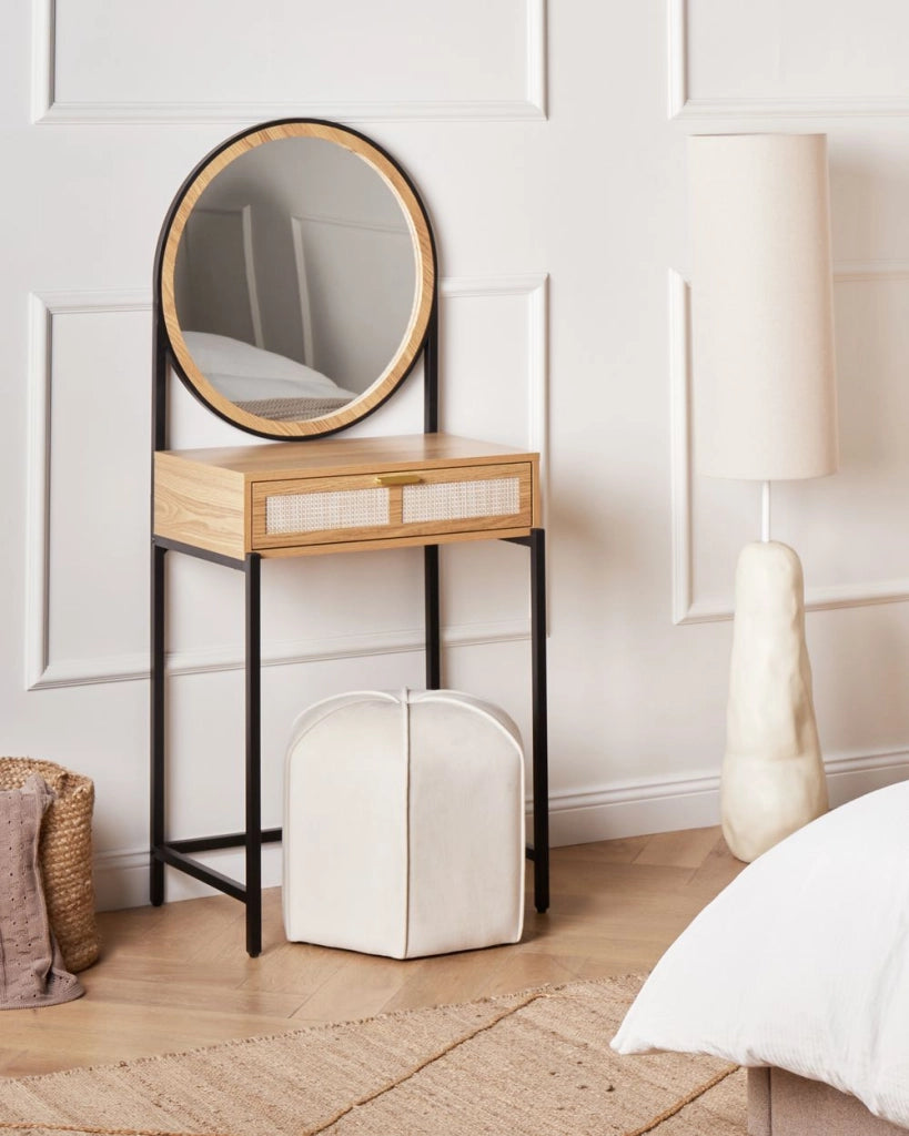 Tavolino toeletta con specchio e cassetto in marrone chiaro e nero con sgabello e specchio camera da letto soggiorno