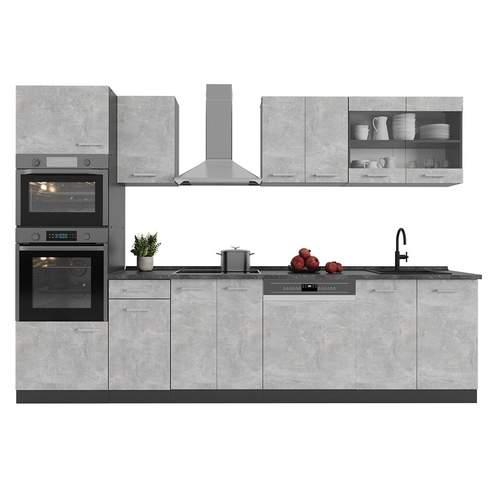 Cucina componibile R-Line Calcestruzzo/Antracite 300 cm con armadio alto, PL Rovere Vicco