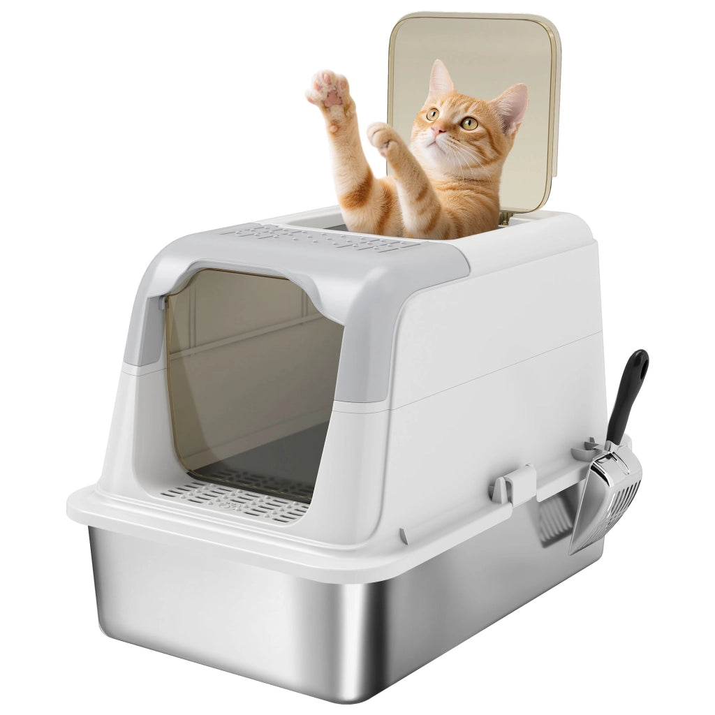 Lettiera per Gatti Chiusa a 2 Ingressi con Deodorante e Paletta. 60.4x40.4x41.8 cm. Bianco e Grigio