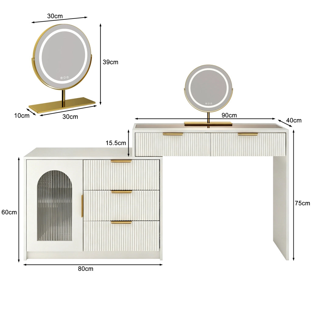Tavolo da toeletta moderno con piano vetro; piano estraibile; specchio LED; finitura rigata; Bianco; H75×B90-160×P40cm