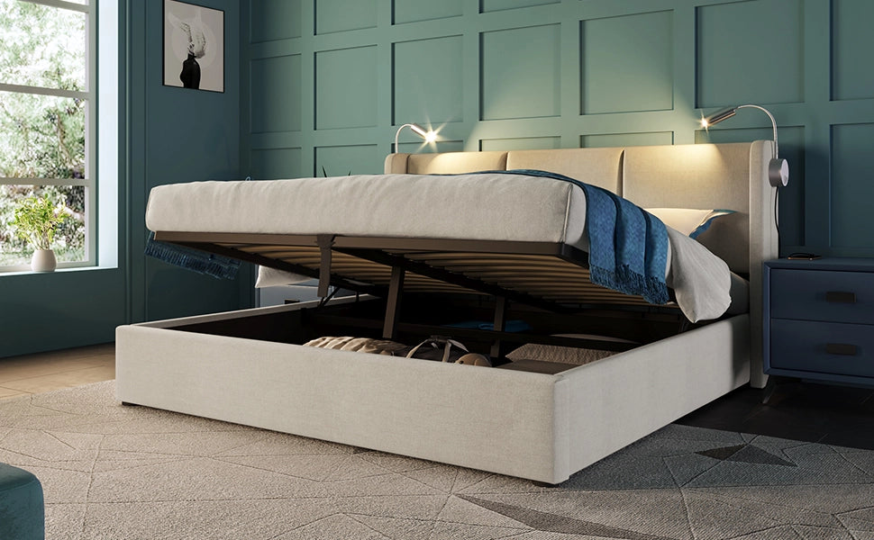 Letti contenitori 160x200 cm; testiera con luce da lettura e USB; lino beige (Senza materasso)