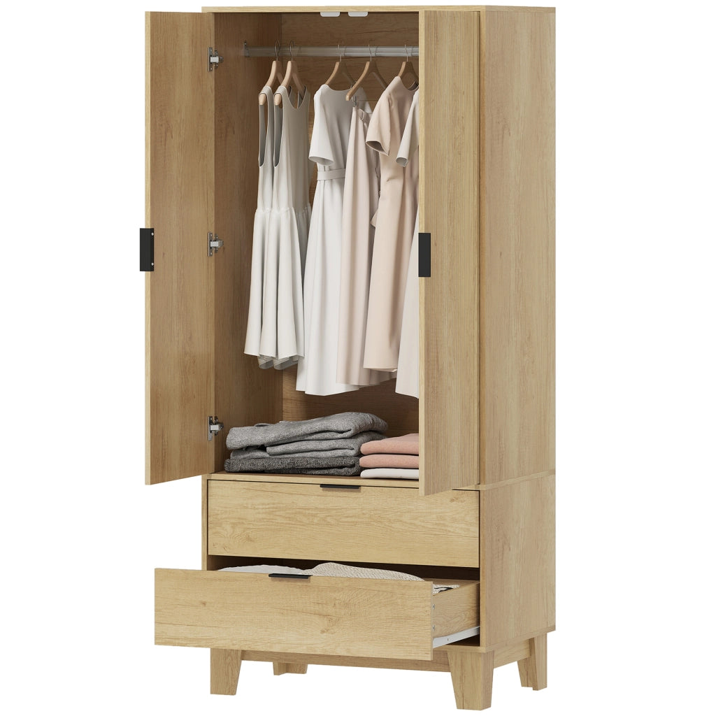 Armadio Camera da Letto con 2 Ante Scorrevoli 2 Cassetti Appendiabiti ¨C zephmum ¨C 80x50x180 Legno Naturale