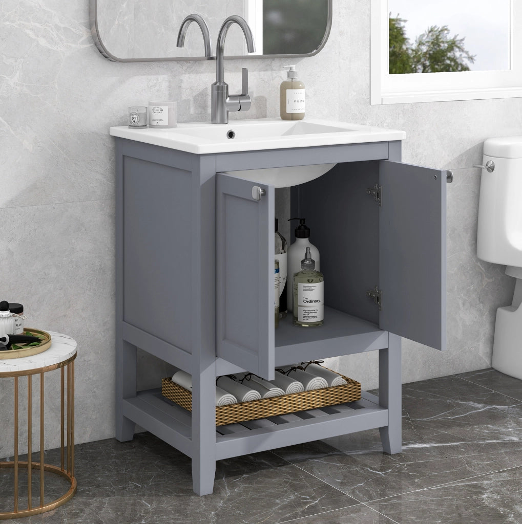 Mobile bagno con lavabo in ceramica; grigio e bianco