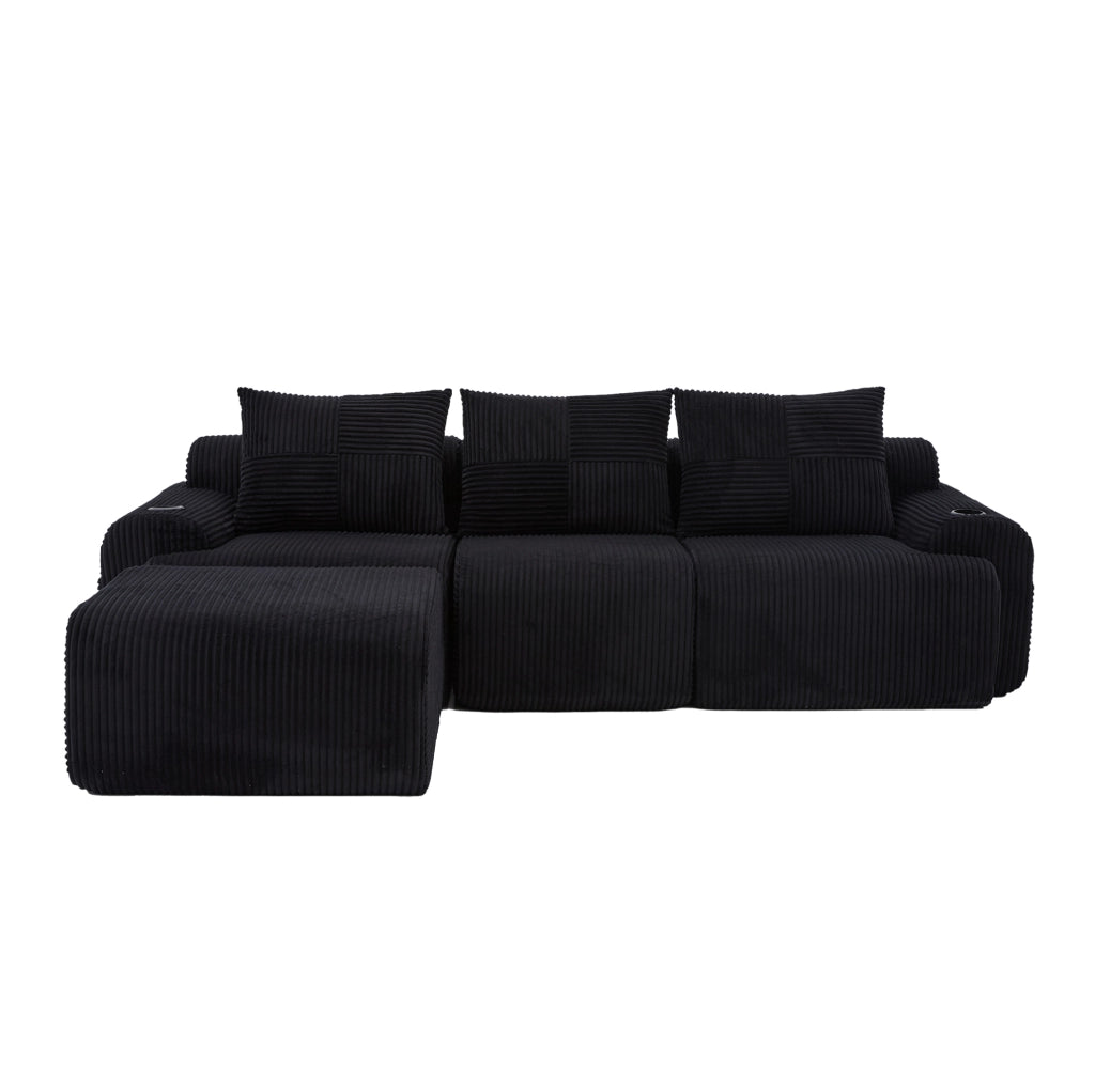 Divano modulare 3 posti 268x174x80 cm con portabicchieri e tasca laterale in corduroy nero