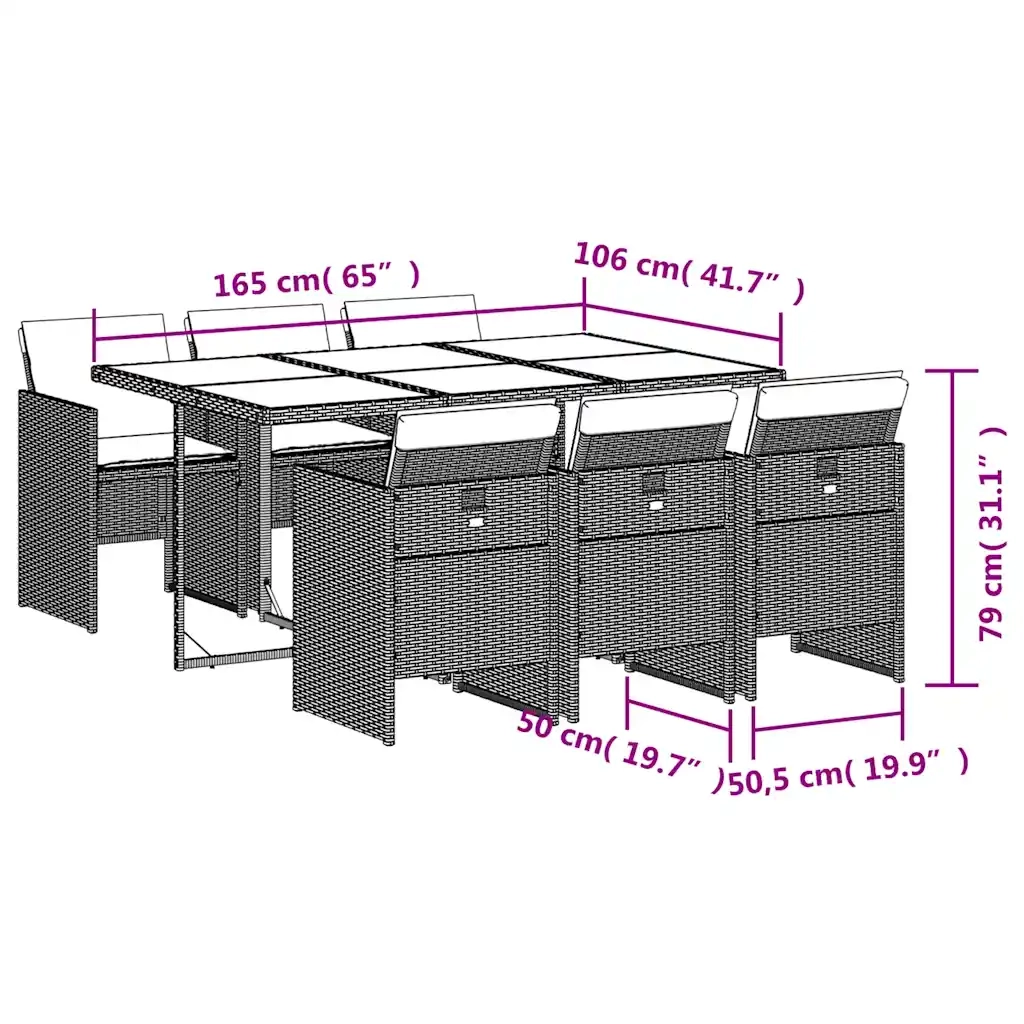 Set da Pranzo da Giardino 7 pz Cuscini Polyrattan Grigio Chiaro 3210551
