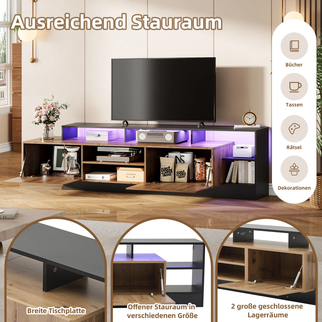 Mobile TV con 2 ante ribaltabili; vani aperti e LED per soggiorno e camera da letto; 190×40×48.5 cm