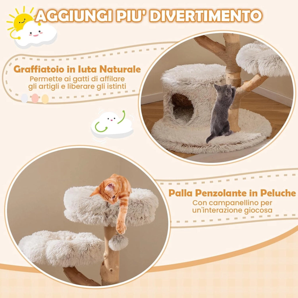 Albero per Gatti, Tiragraffi per Gattini in Legno Alta 102 cm con Condominio, 2 Piattaforme a Forma di Fiore, Trespolo e Palo per Grattarsi in Juta, Mobile da Arrampicata per Interno