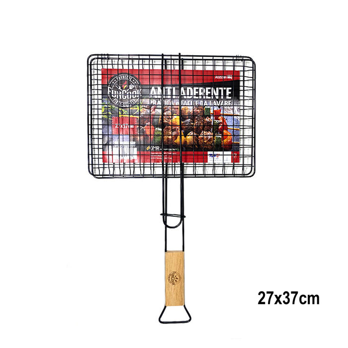 Griglia Antiaderente Con Manico In Legno Per Barbecue 27x37cm - 57240