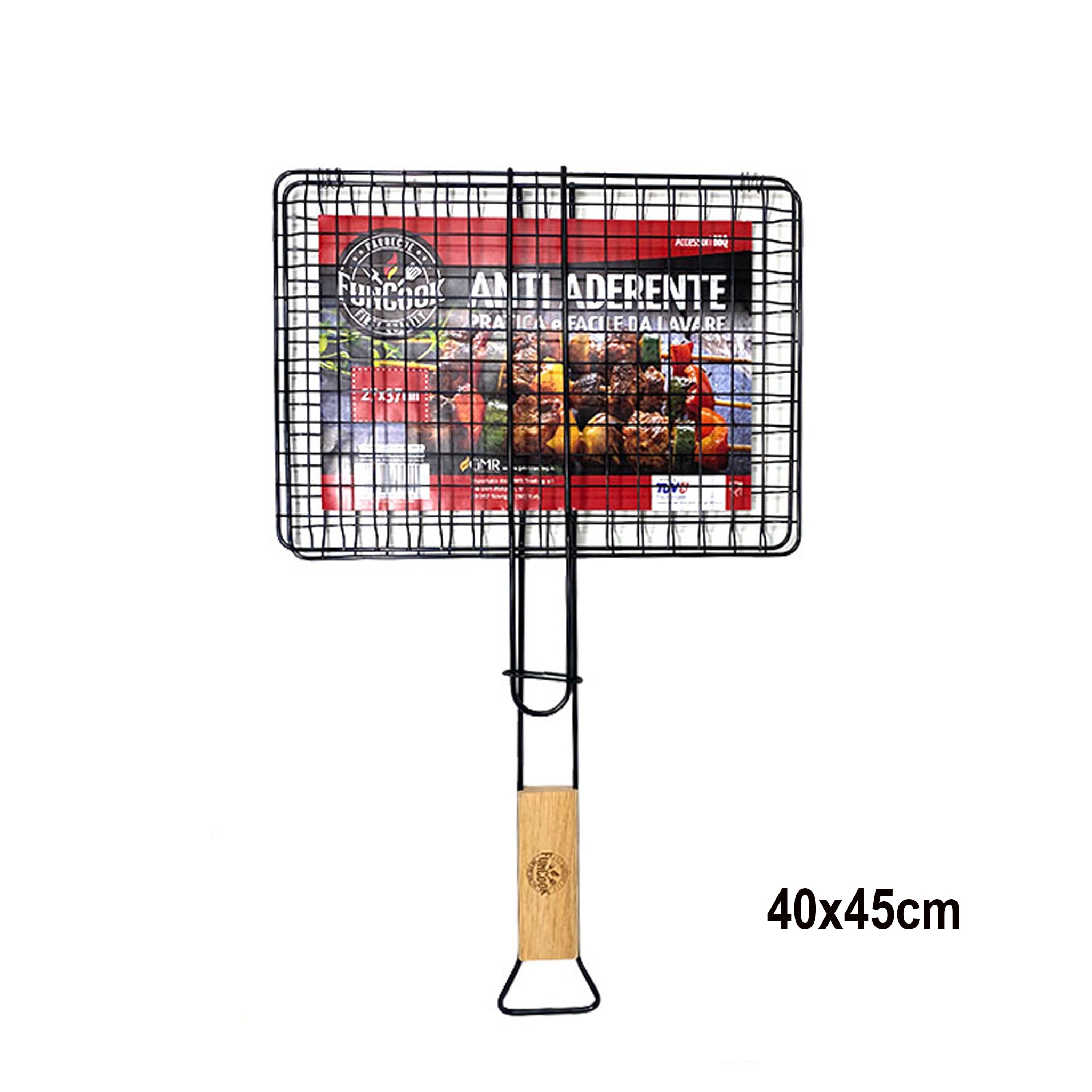 Griglia Antiaderente Con Manico In Legno Per Barbecue 40x45cm - 57241