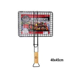 Griglia Antiaderente Con Manico In Legno Per Barbecue 40x45cm - 57241
