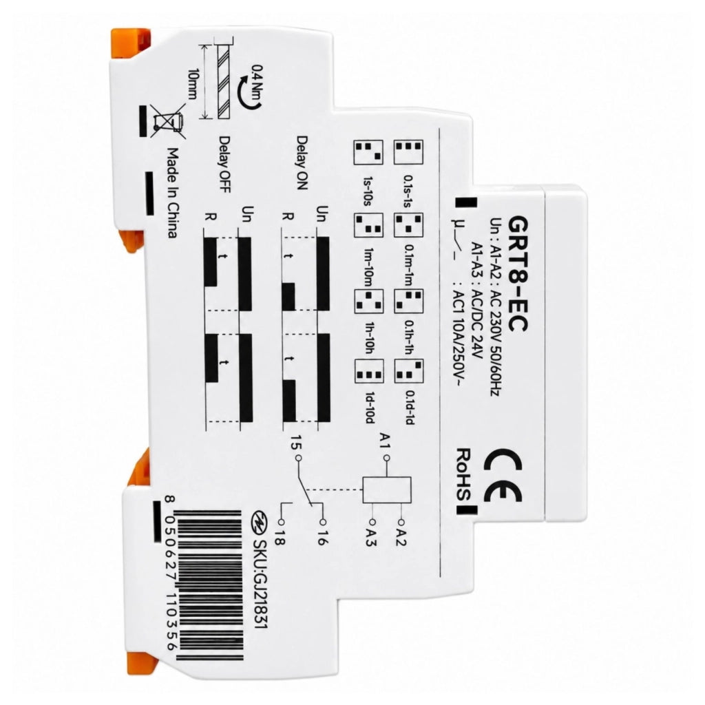 Relè Temporizzato Modulare, AC230V e DC/AC 24V 10A, Timer Delay ON o Delay OFF, Ritardo Accensione o Spegnimento, 1 Modulo Barra DIN, Tempo regolabile da 0,1s a 10 giorni