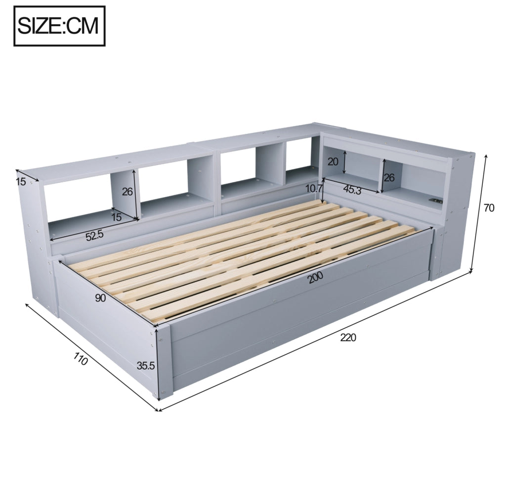 Letto multifunzione 90x200 cm con presa; contenitori e LED grigio