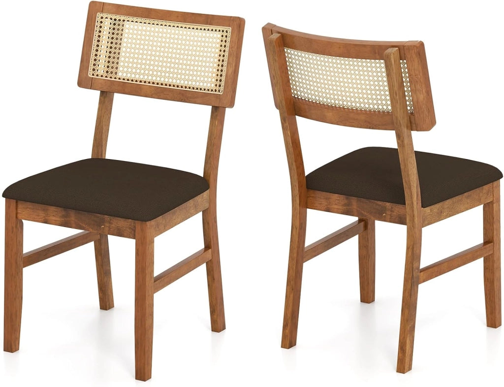 Set di 2 Sedie da Pranzo, Sedie Imbottite con Schienale in Rattan Intrecciato, Struttura in Legno di Hevea, Seduta in Velluto, Portata 180 kg, Sgabello d’Accent Boho per Soggiorno e Cucina