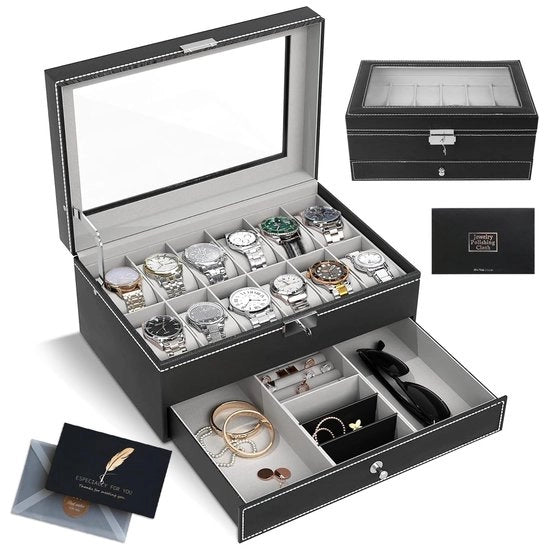 Cassaforte per orologi 12 fessure - Box orologeria di lusso - Nero PU - Organizzatore orologi - Adatto per orologi/anelli - Coperchio in vetro