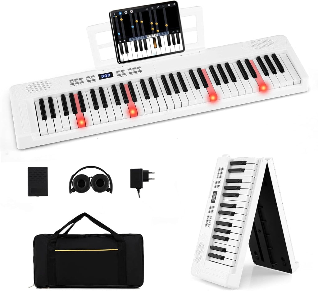 Tastiera Pianoforte Pieghevole a 61 Tasti, Tastiera Elettronica con Funzione MIDI, Cuffie, Pedale Sustain, Pianoforte Digitale Portatile per Principianti (Nero)