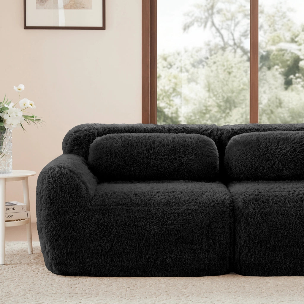 Divano Modulare ad Angolo con Design Ergonomico e Base Antiscivolo, in Peluche, Nero