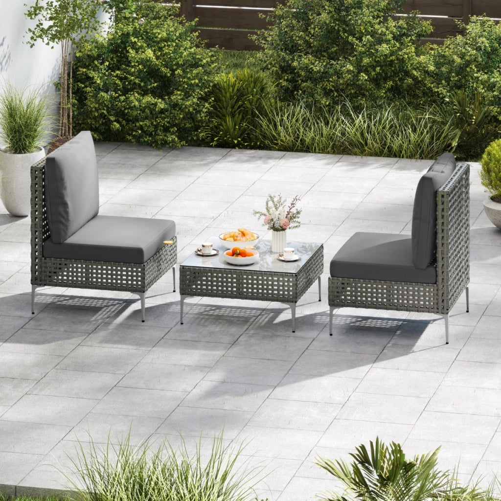 Set da conversazione in rattan con cuscini e tavolino in vetro temperato, Mobili da esterno da 3 pezzi con tavolo e sedie Grigio-Set mobili da esterno