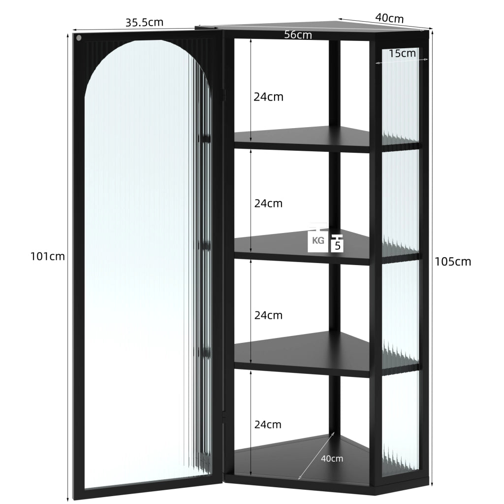 Mobile pensile a parete con 4 ripiani; 56 × 40 × 105 cm; metallo e vetro temperato; nero