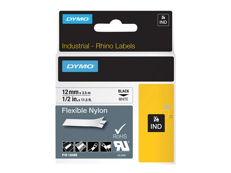 DYMO Rhino etichette industriali flessibili in nylon autoadesive / rotolo da 12 mm x 3,5 m / stampa nera su bianco