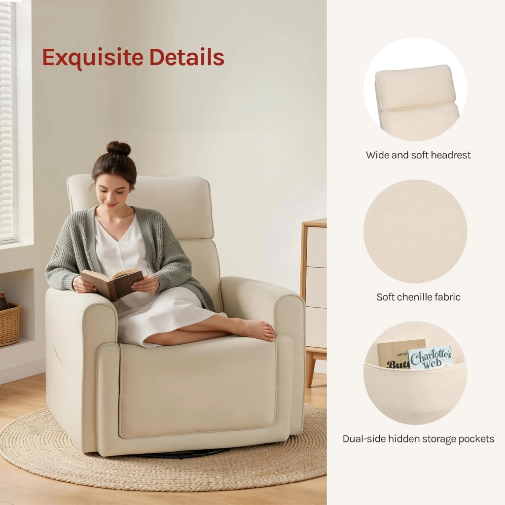 Poltrona Reclinabile Massaggiante con Funzione Riscaldamento, Sedia Ergonomica, Girevole e Oscillante, con Poggiatesta, Tasche Laterali e Porta USB, per Soggiorno, Camera da Letto, Beige