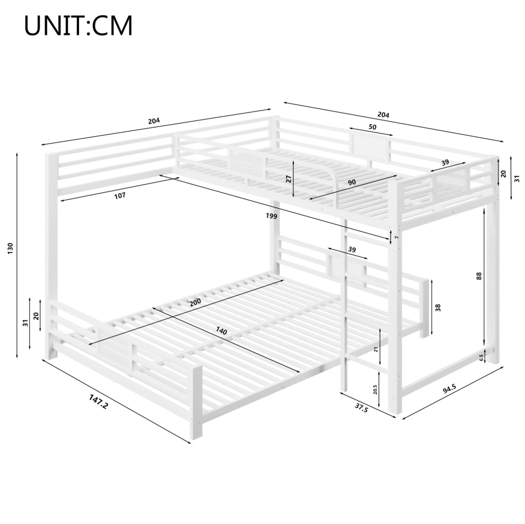 Letto a castello angolare in metallo 90x200/140x200 bianco