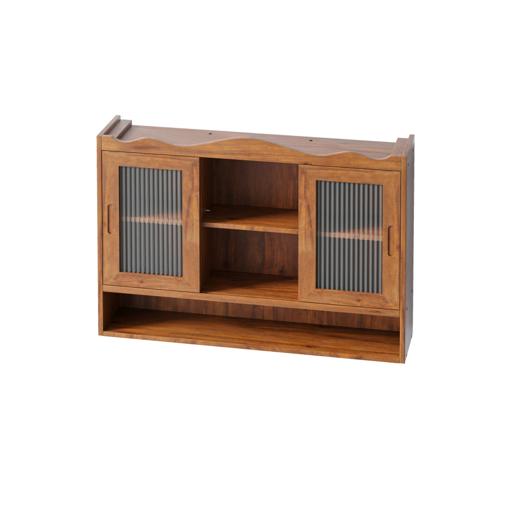 Mobile pensile retrò 90x20x60 cm in legno e vetro marrone per cucina