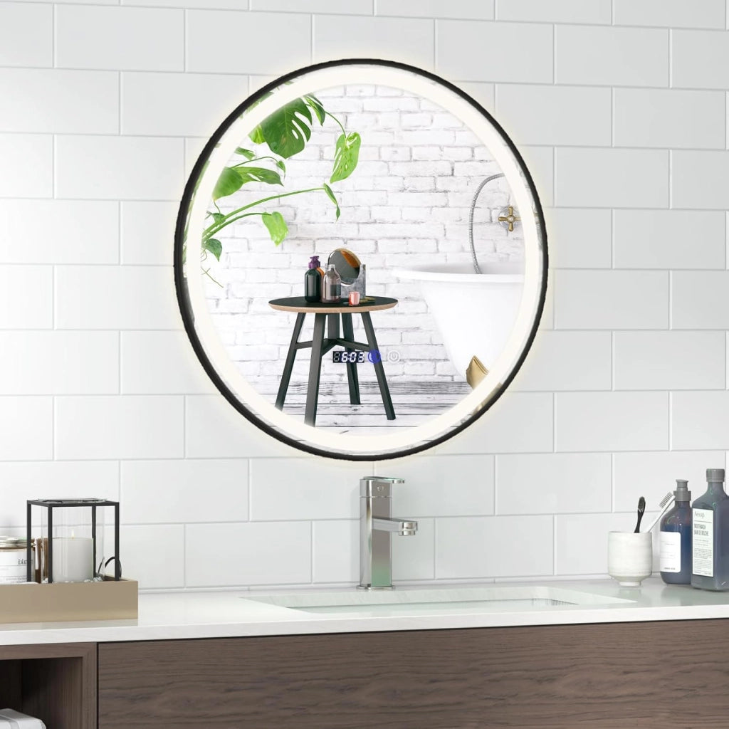 Specchio da Bagno a LED 60x60cm Rotondo, Specchio a Parete con Luce a 3 Colori, 3000-6500K, Dimmerabile, Funzione Anti-appannamento e Memoria, Lettura di Tempo e Temperatura e Antideflagrante